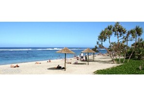 A beach with umbrellas and palm trees.