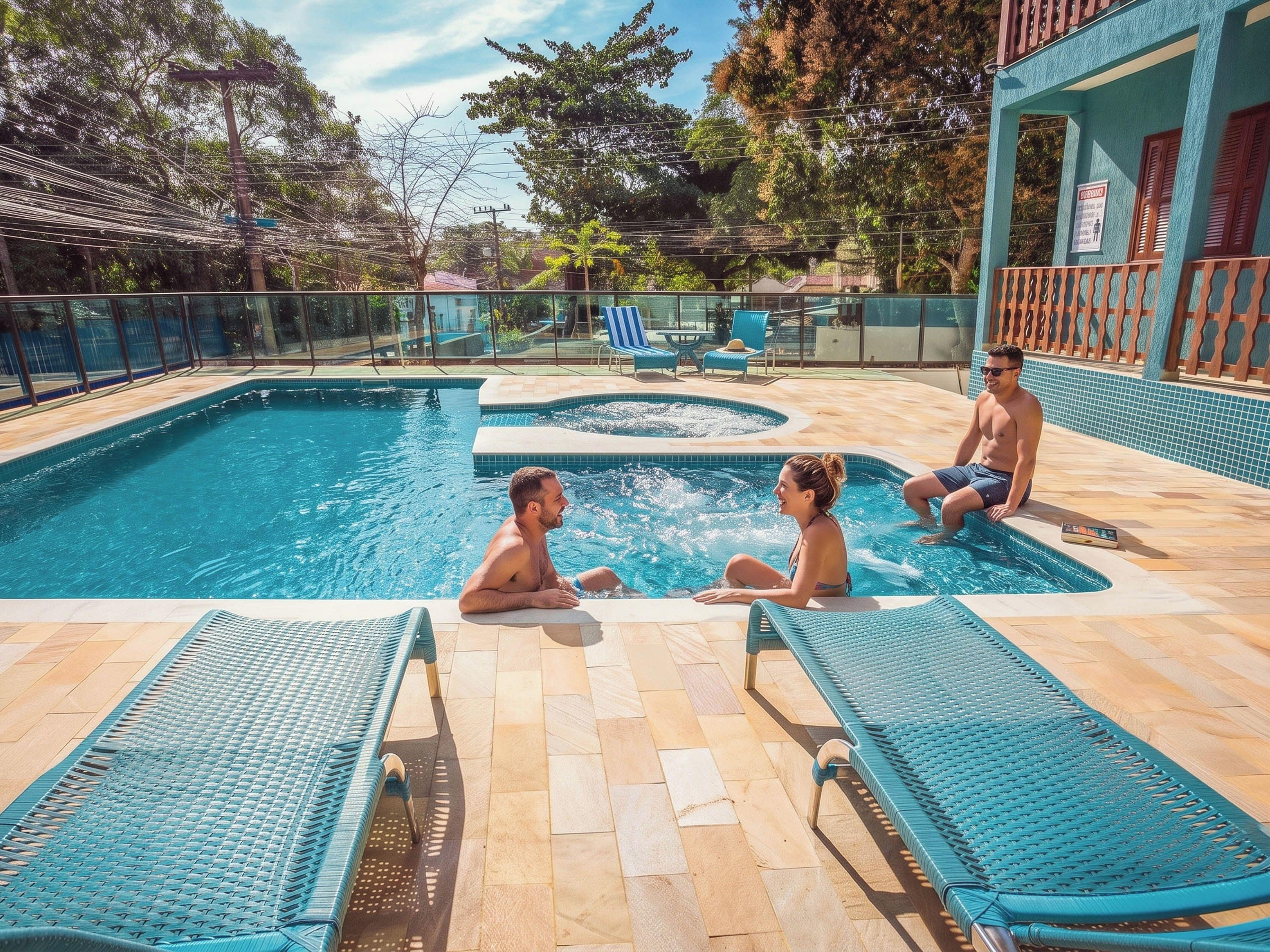 Piscina com espreguiçadeiras e área cercada.