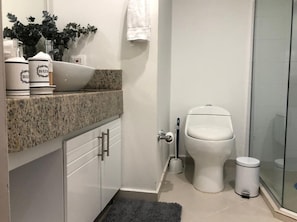 Douche, serviettes fournies, papier toilette