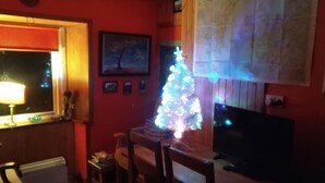 A cozy living room with a wooden floor, a radiator, a small table, a chair, a television, and a Christmas tree with lights.