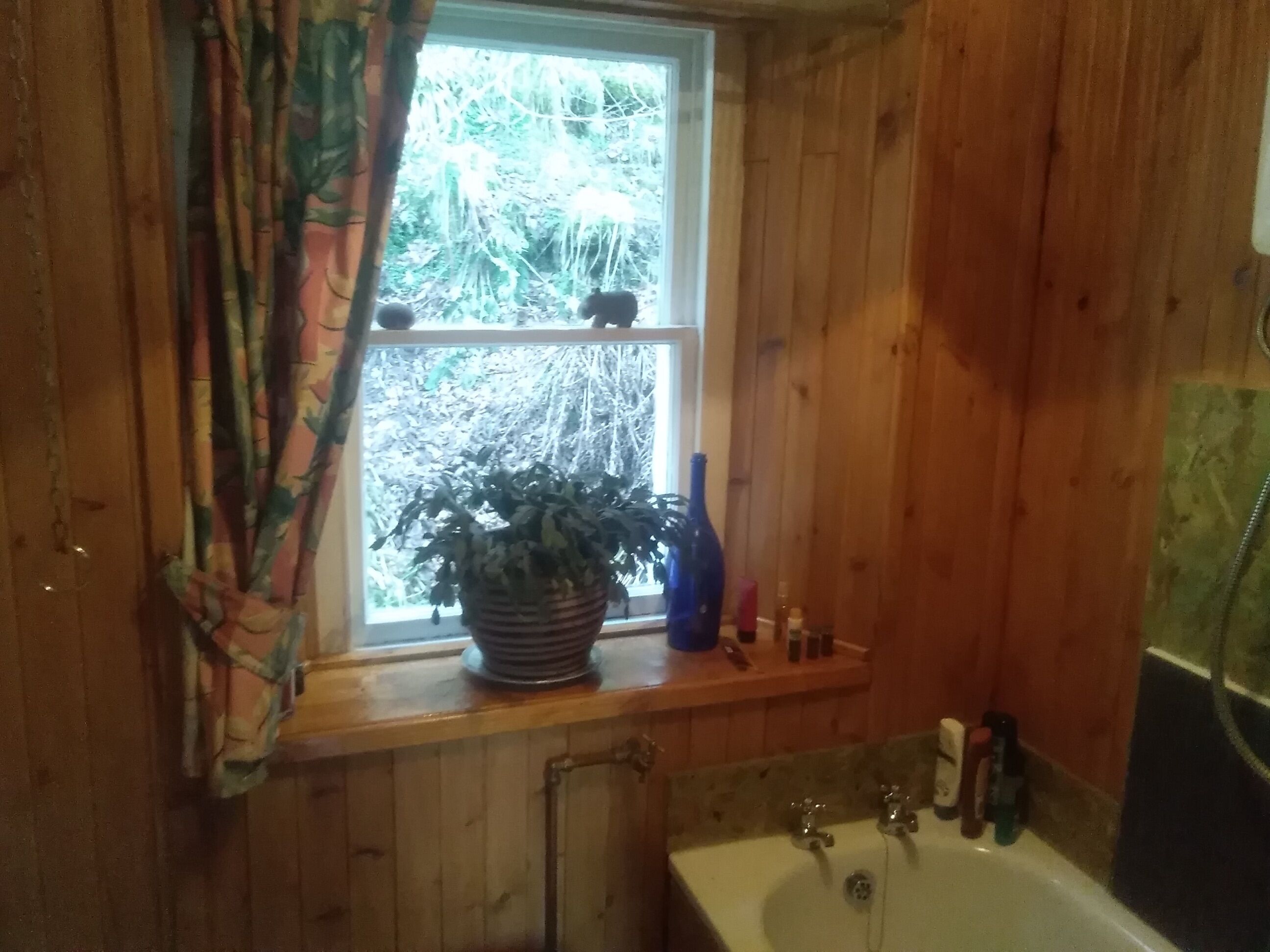 Tina con regadera, toallas, jabón, shampoo 