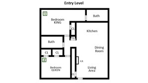 A floor plan of an entry-level apartment with a bedroom labeled KING, a bathroom, a kitchen, a dining room, and a living area. - Oak Square 305 - Ask About Free Attraction Tickets! (Gatlinburg)