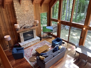 Smart TV, fireplace, DVD player, foosball