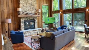 Smart TV, fireplace, DVD player, foosball