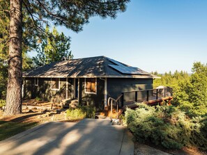 Welcome to a serene retreat surrounded by lush pine trees, with a porch and a dark exterior.