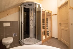 Shower, hair dryer, towels