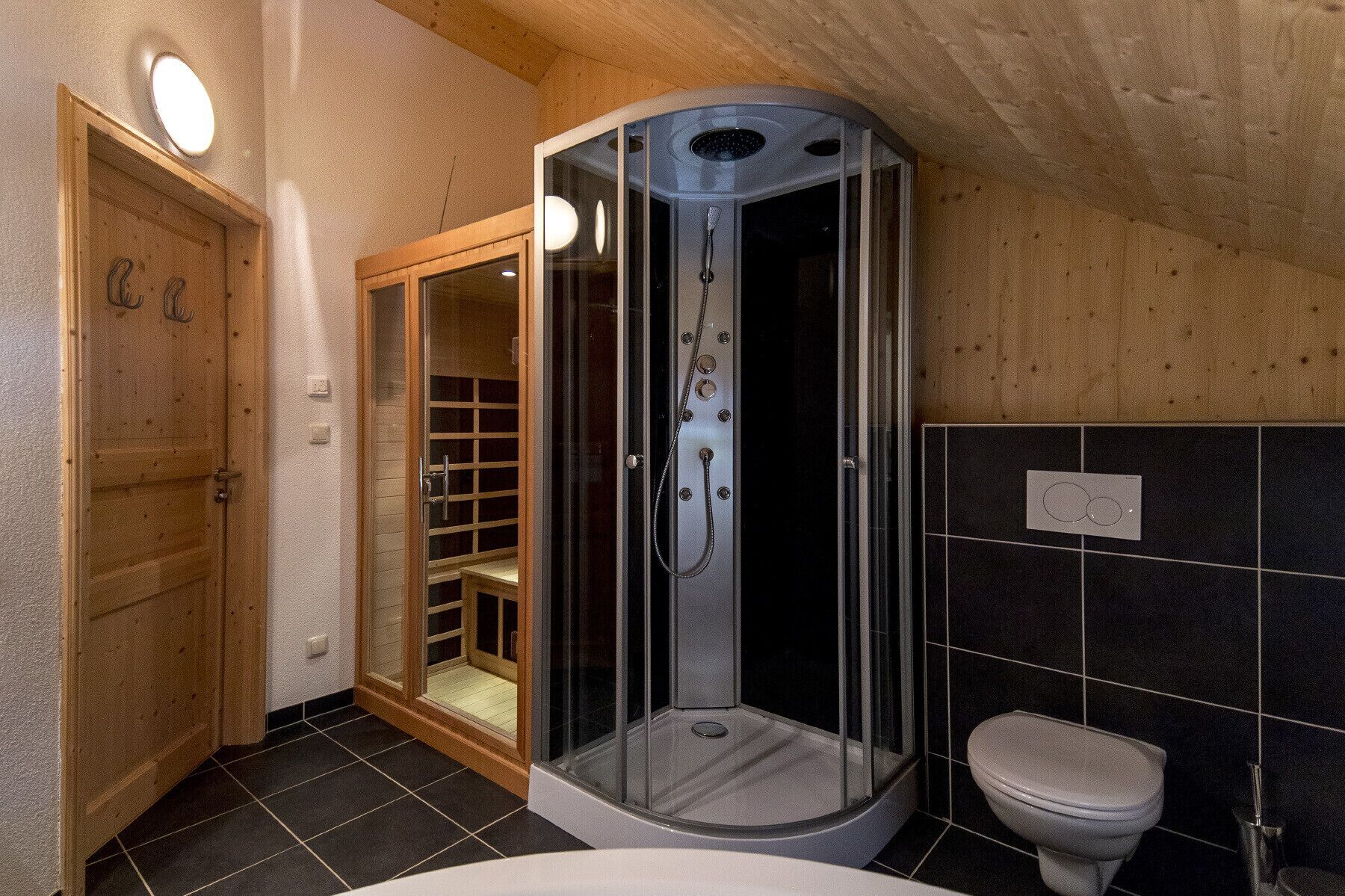 Aseo con cabina de ducha de vidrio, inodoro y puerta de madera con aplique.