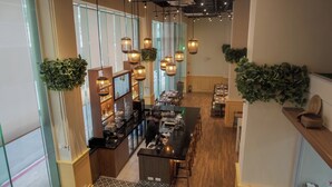 Un restaurant doté d’un long comptoir, de luminaires suspendus et de plantes vertes.