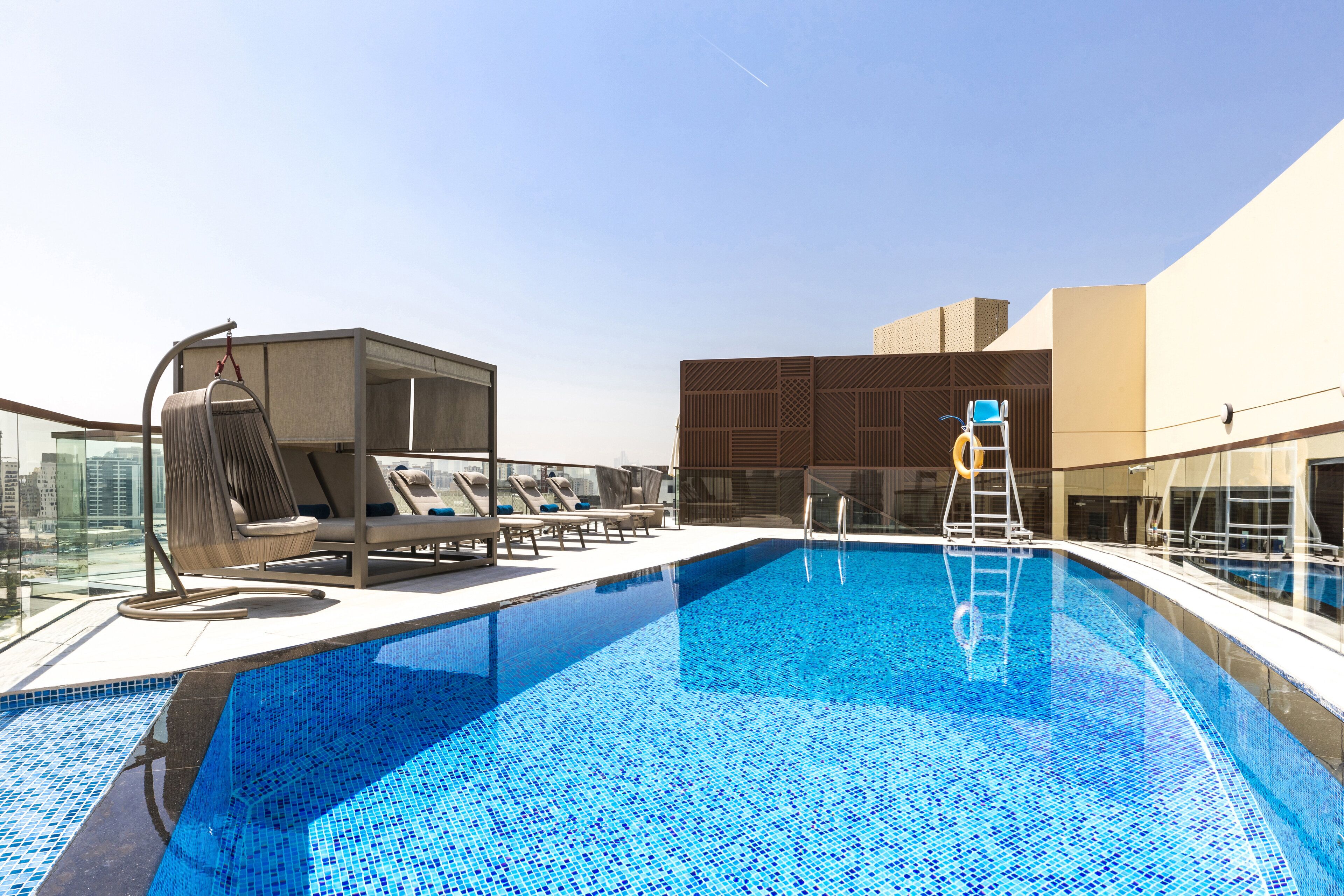 outdoor pool, pool loungers