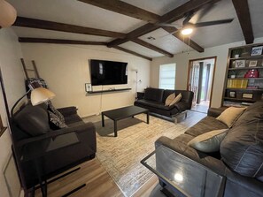 Smart-TV, Kamin, Bücher, Arbeitsbereiche