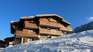 Un immeuble en bois à plusieurs étages, doté de balcons, se dressant sur fond de paysage enneigé.