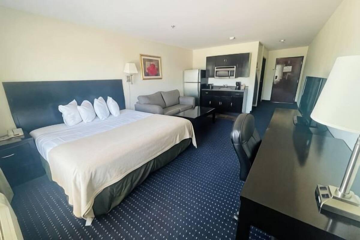 Habitación de hotel con cama, escritorio, silla, sofá, televisor y lámpara.