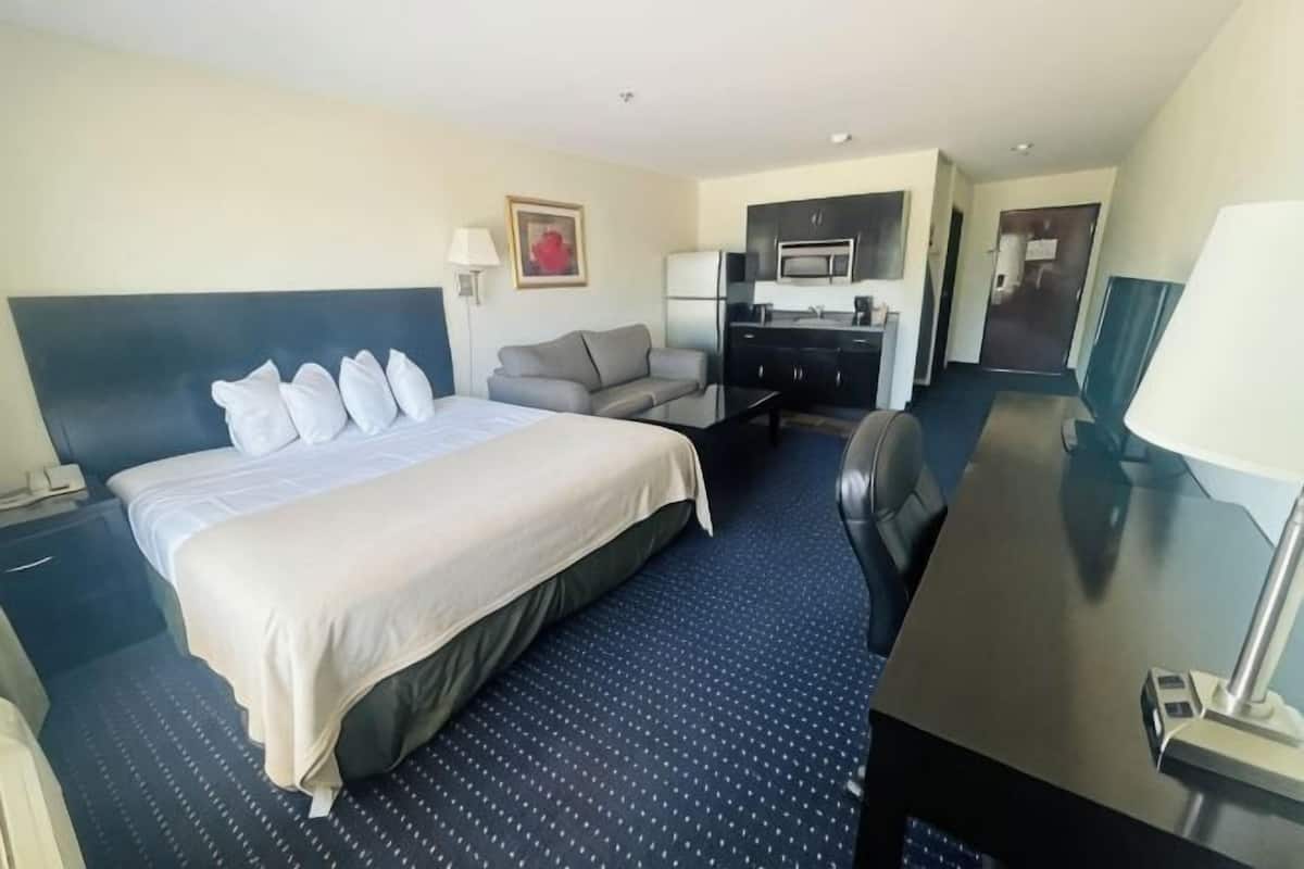 Une chambre d’hôtel équipée d’un lit, d’un bureau, d’une chaise, d’un canapé, d’une télévision et d’une lampe.