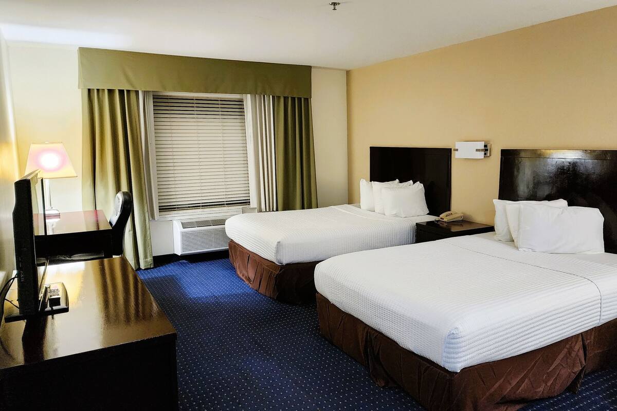 Habitación de hotel con dos camas, un escritorio, una silla, una lámpara y una ventana con cortinas.