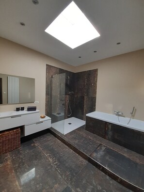 Combined shower/tub, hair dryer, towels, soap
