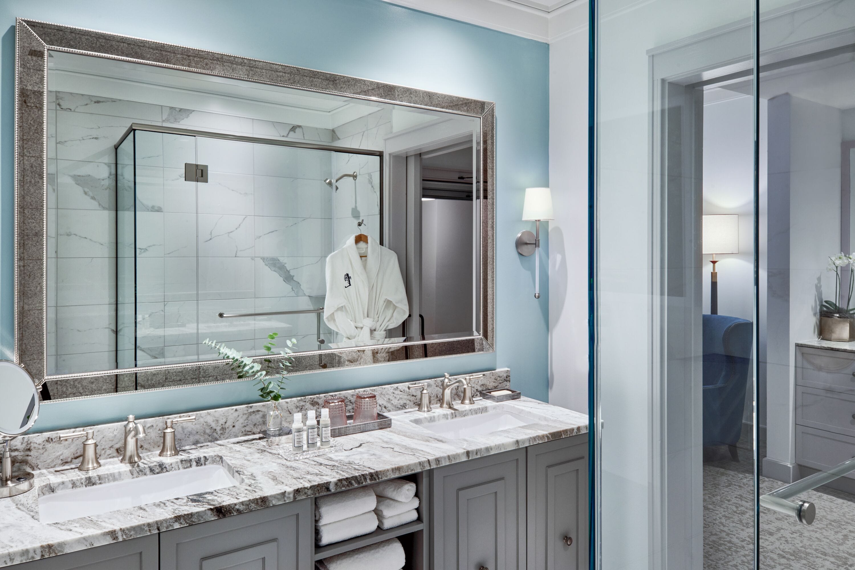 shower, hair dryer, bathrobes, towels