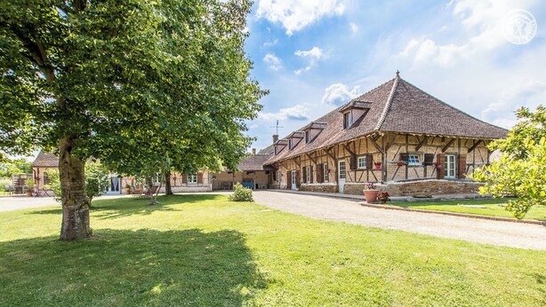 A traditional half-timbered building with a sloped roof, a grassy courtyard, and a large tree in the foreground. - La Ferme de la Terve (BRUAILLES)