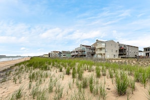 A beachfront property with multiple buildings, a sandy beach, and grassy dunes.