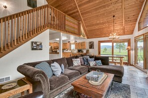 TV, fireplace, books