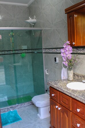 Chuveiro, secador de cabelo, sabonete, shampoo