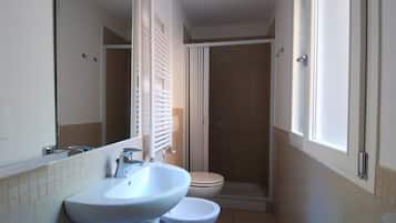 Shower, hair dryer, bidet, towels