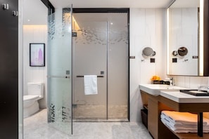 A modern bathroom with a glass shower enclosure, a toilet, a sink with a mirror, and a towel rack.