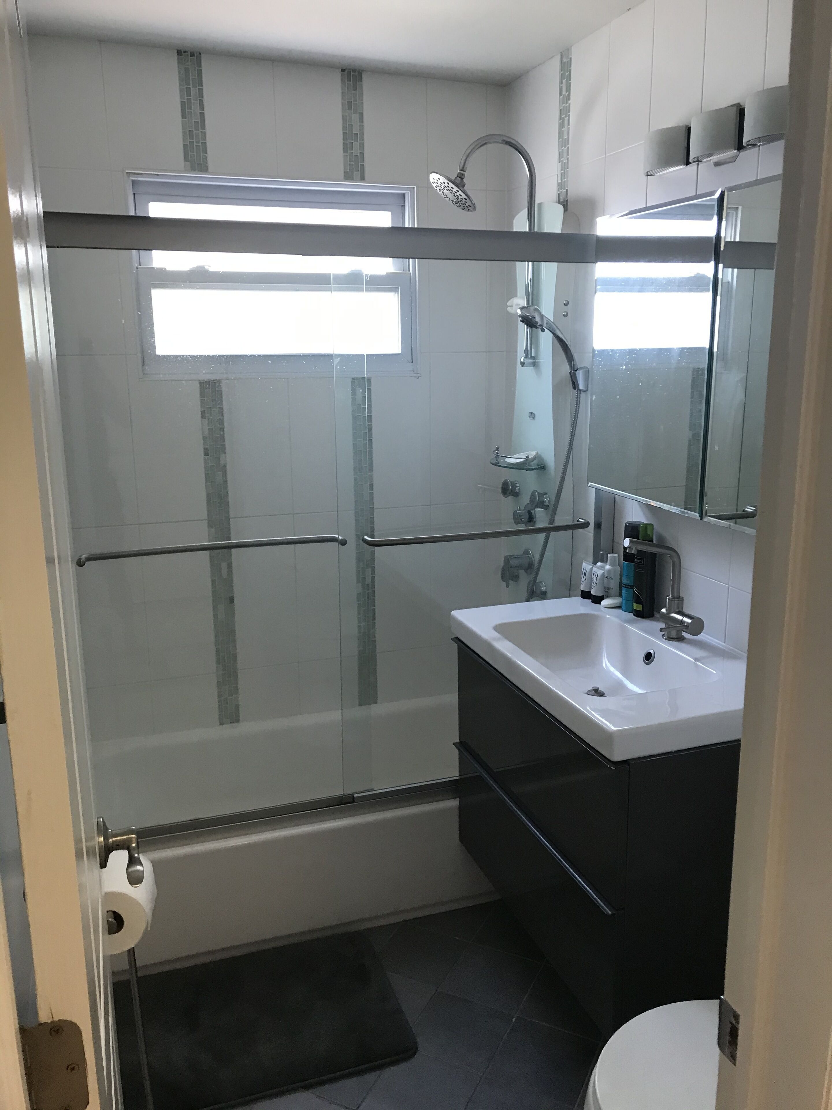 Shower, hair dryer, towels
