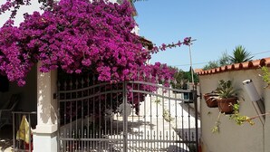 A gated entrance with a wrought iron gate, a white building with a tiled roof, and a potted plant on the right. - 4 Bed Villa Sleeps 9 - Pool, Pets, Garden, Parking (Supetar)