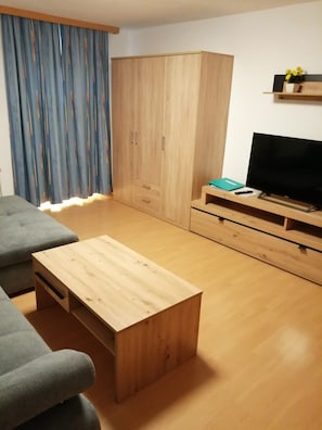 Uma sala de estar moderna com um sofá cinzento, uma mesa de centro de madeira, uma TV sobre um móvel de madeira e um guarda-roupa grande.