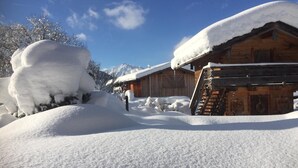 Een met sneeuw bedekte houten chalet met een houten trap naar de ingang.