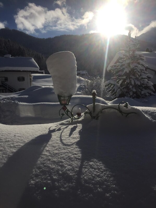 Paesaggio innevato con una casa illuminata dal sole e un albero coperto di neve.
