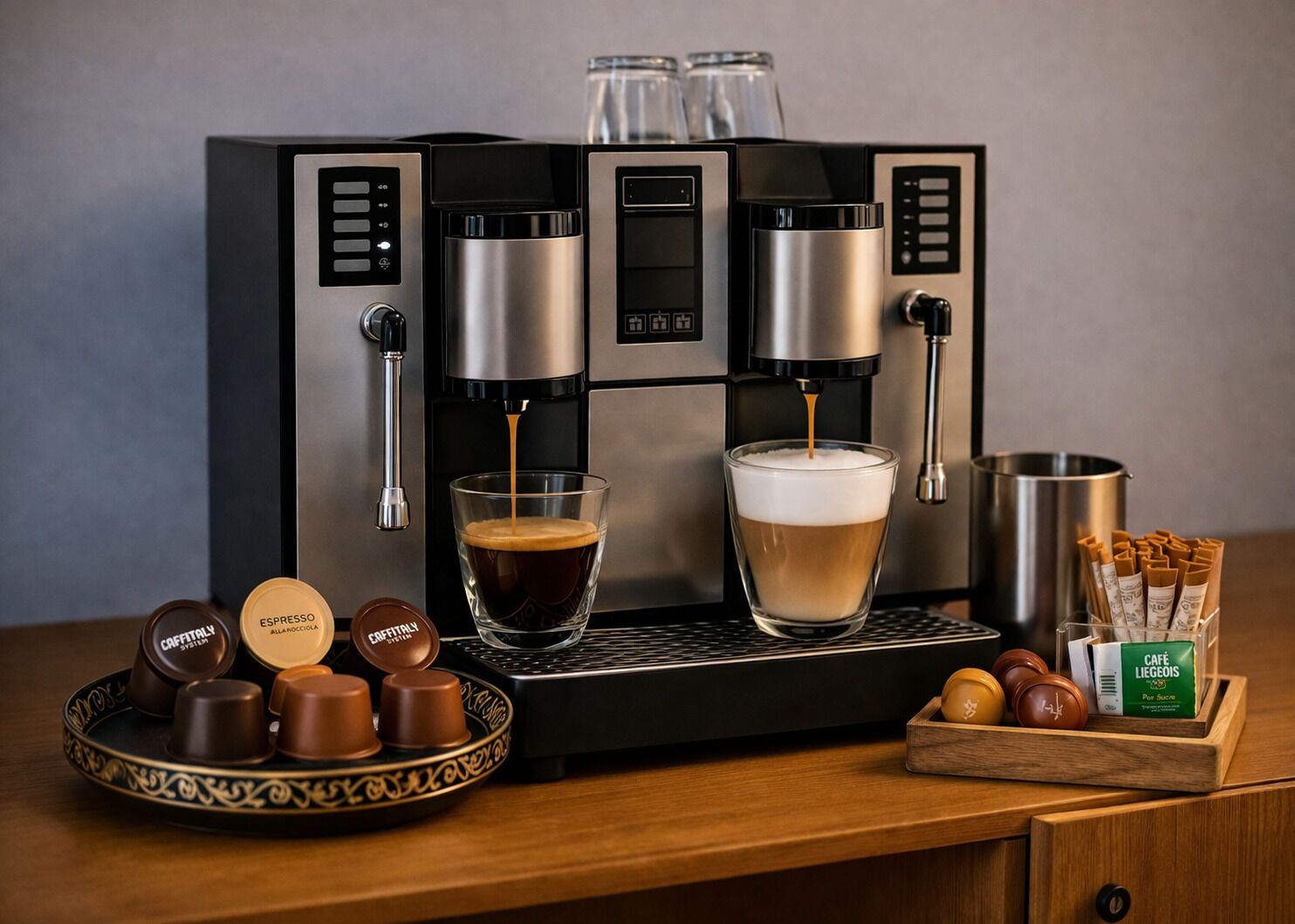 A coffee machine with two cups of coffee, a plate of chocolates, and a box of coffee pods.