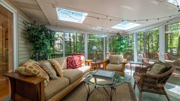 TV connectée, cheminée, livres