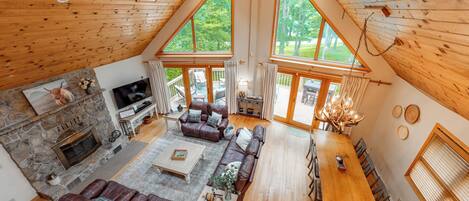 Smart TV, fireplace, DVD player, books