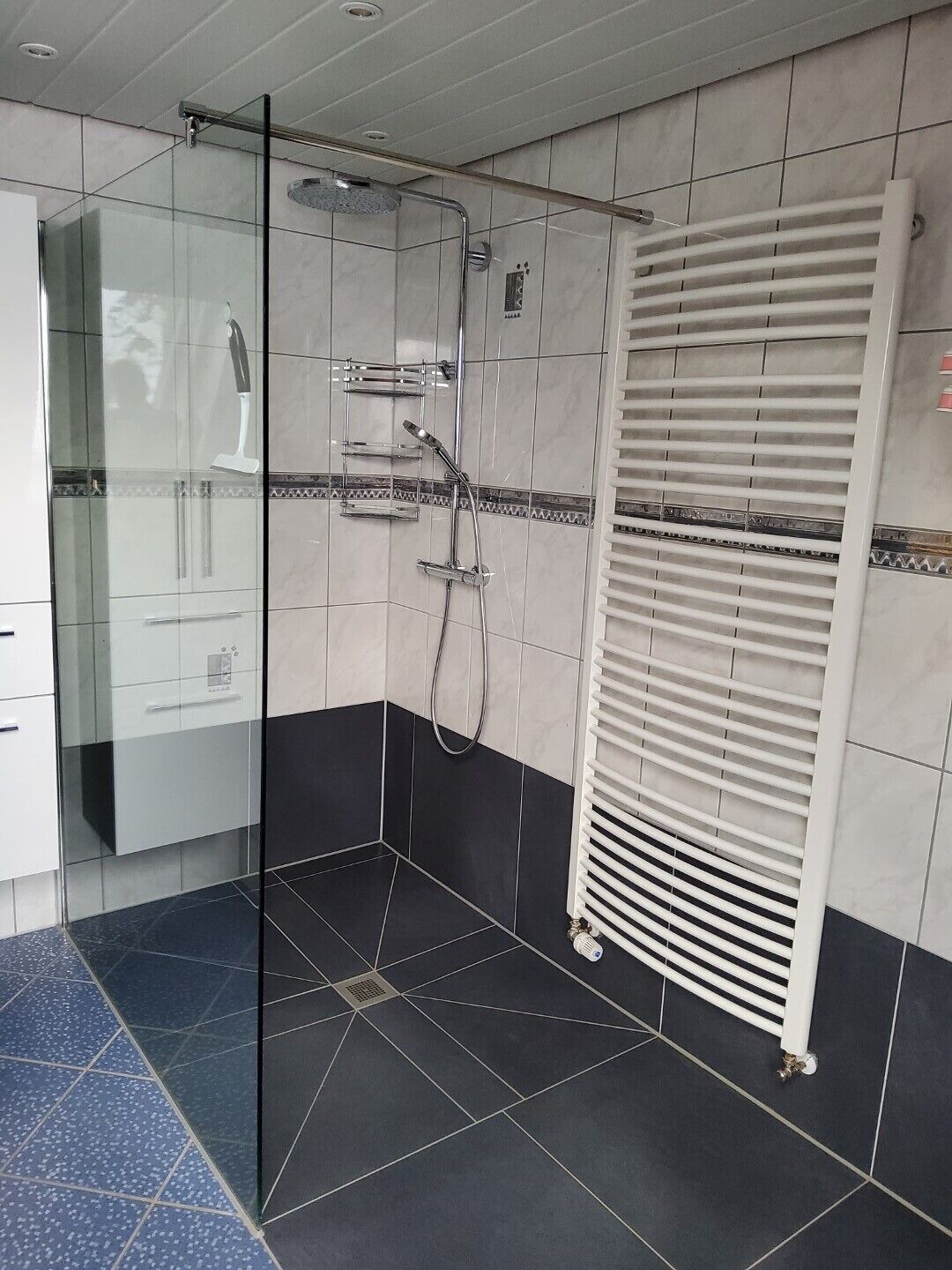 Ein modernes Badezimmer mit einer gläsernen Dusche, einem weißen Heizkörper und einem gefliesten Boden.