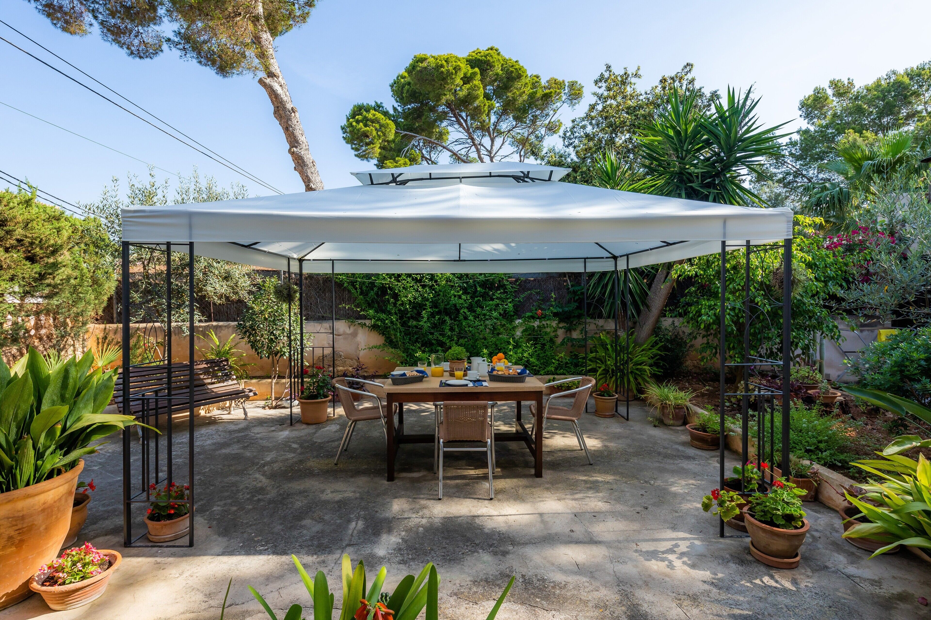 A covered patio area with a table and chairs, surrounded by potted plants and a garden.