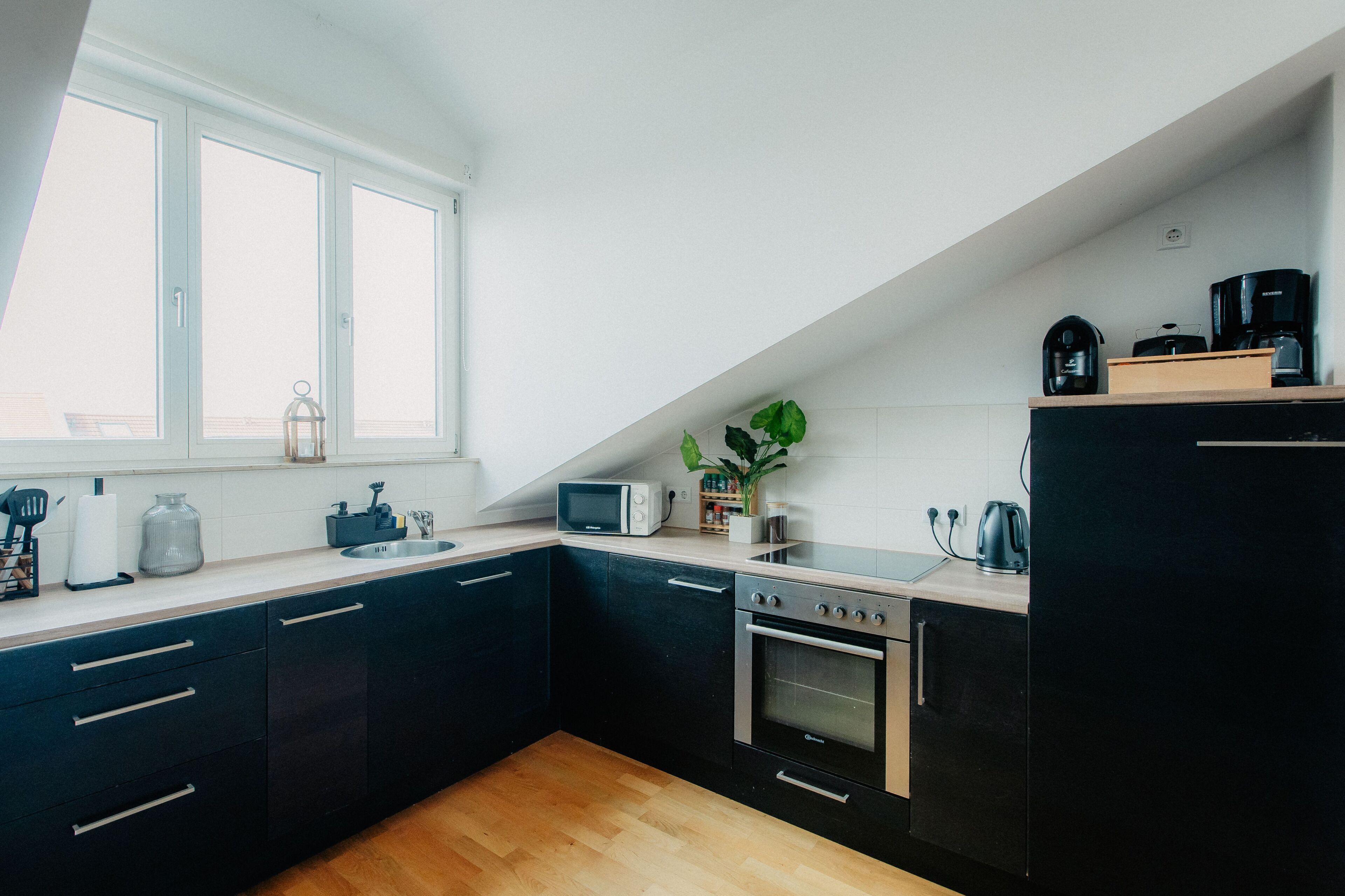 Fridge, microwave, oven, coffee/tea maker