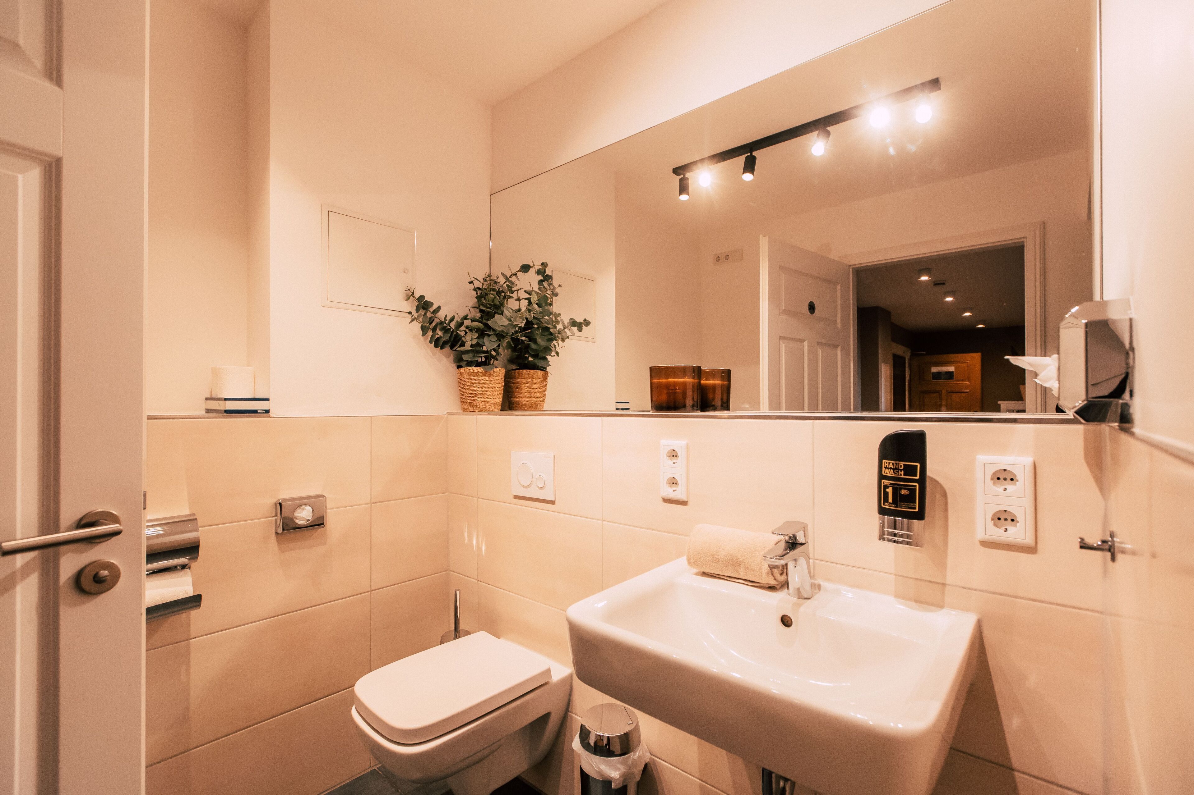 A modern bathroom with a toilet, sink, and a mirror. There are two baskets with plants on the wall, a towel hanging on the sink, and a hand dryer on the wall.