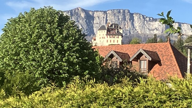 A building with a red-tiled roof and a mountain in the background. - Maison de Style Savoyard (Menthon-Saint-Bernard)