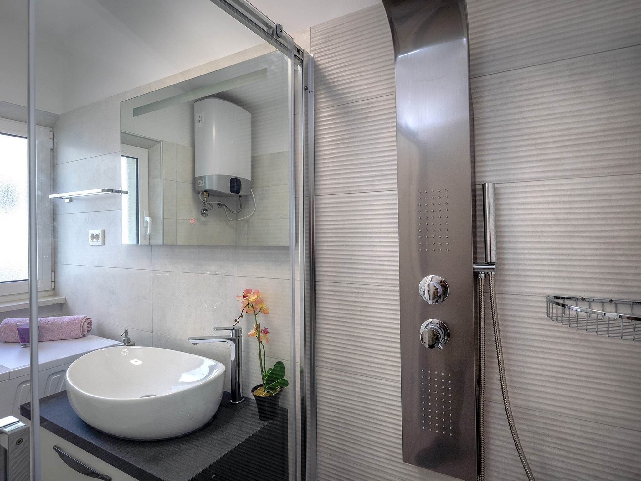 A modern bathroom with a large white sink, a glass shower enclosure, and a potted orchid.