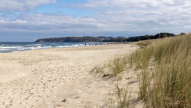 Una playa arenosa con huellas, una duna cubierta de hierba y una costa distante con edificios.