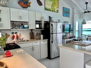 A modern kitchen with white cabinets, a stainless steel refrigerator, a microwave, and a sink. There are decorative items on the walls and a window with a view. - Ocean Front Villa -Crab House- (George Town)