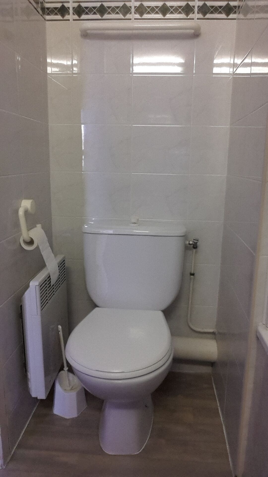 Pieni, käytännöllinen kylpyhuone, jossa on wc, bidee ja wc-harja.
