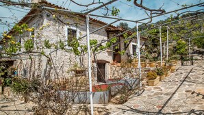 Un edificio de piedra con fachada rústica, una entrada cubierta de hiedra y macetas a lo largo de un camino empedrado.