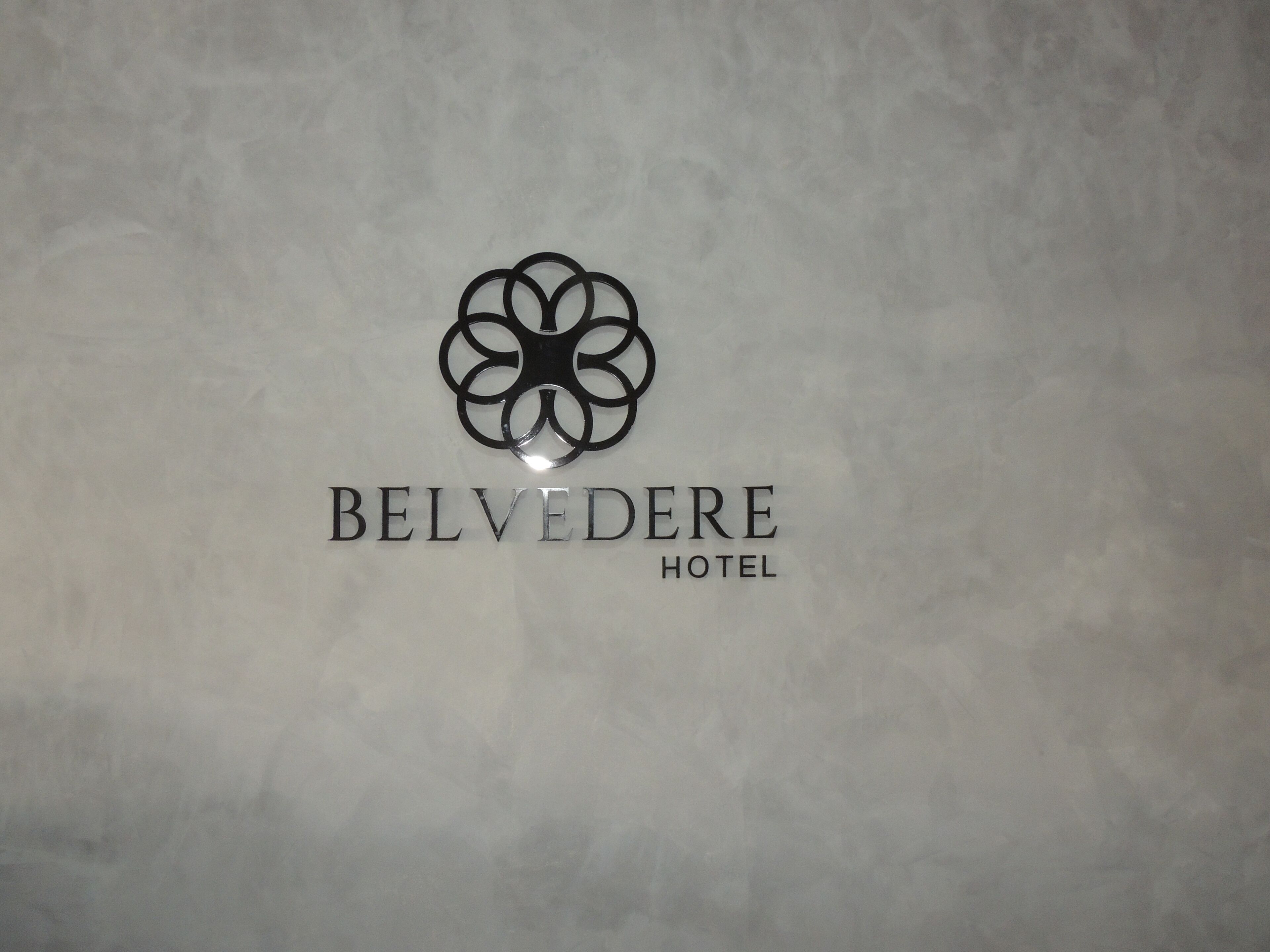 Un logotipo con el texto "BELVEDERE HOTEL" sobre una pared texturizada.