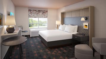 Quarto de hotel com cama, mesas de cabeceira, escrivaninha, cadeira e janela com vista.