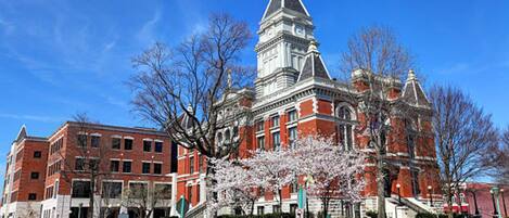 A historic building with a prominent clock tower, a red brick facade, and a well-maintained lawn with cherry blossom trees.