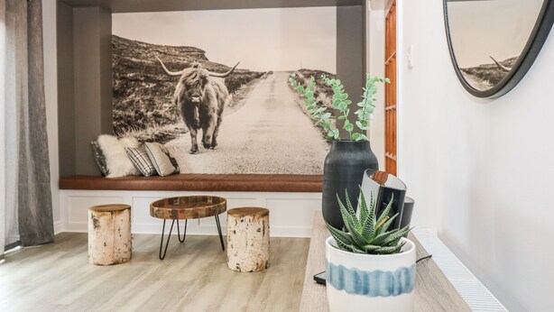 A modern living room with a large wall mural, a wooden bench, a potted plant, and a mirror. - Tombeck (Ballindalloch)