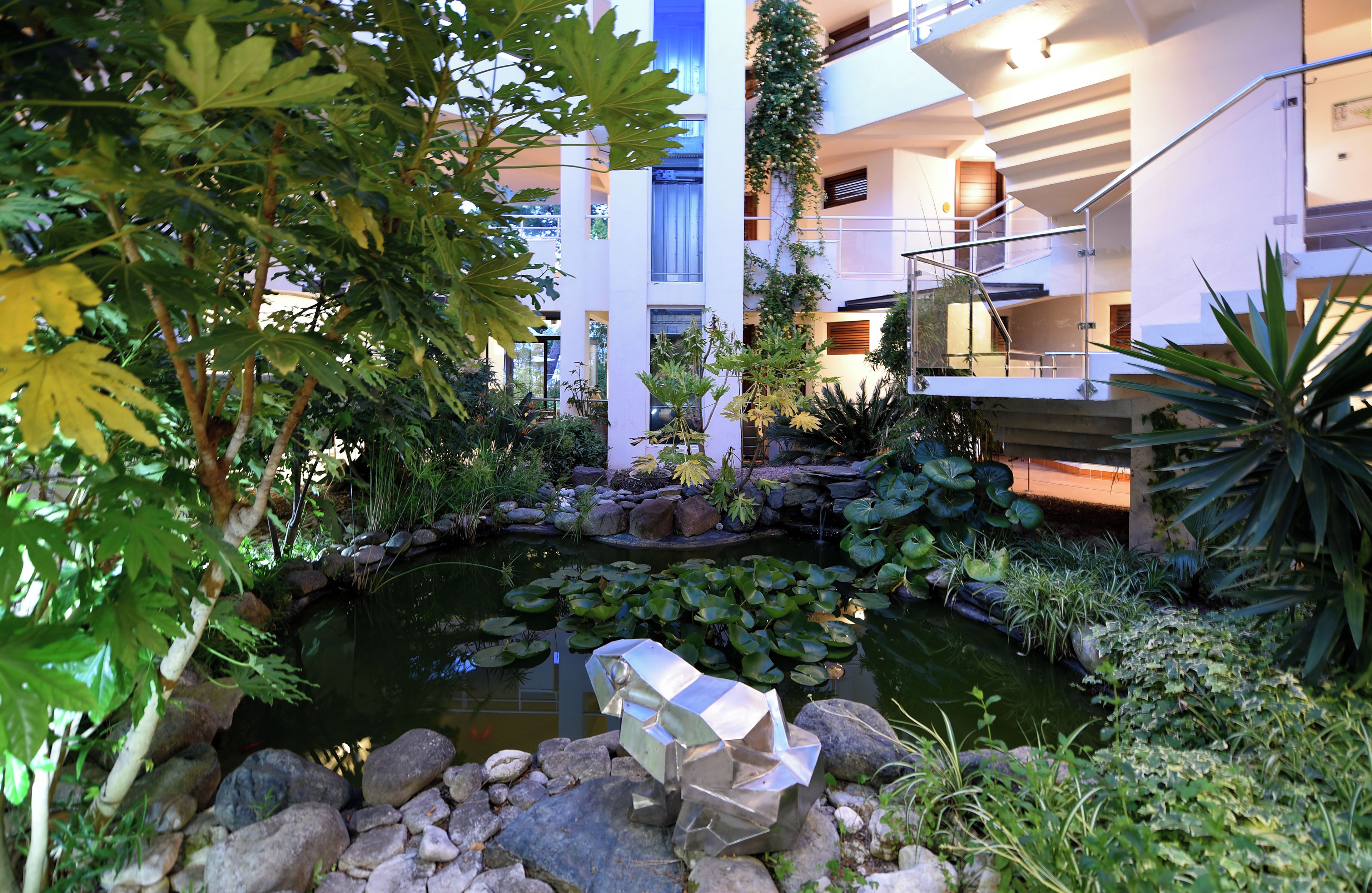 A modern building with a rooftop garden, a pond with lily pads, and a metal sculpture.