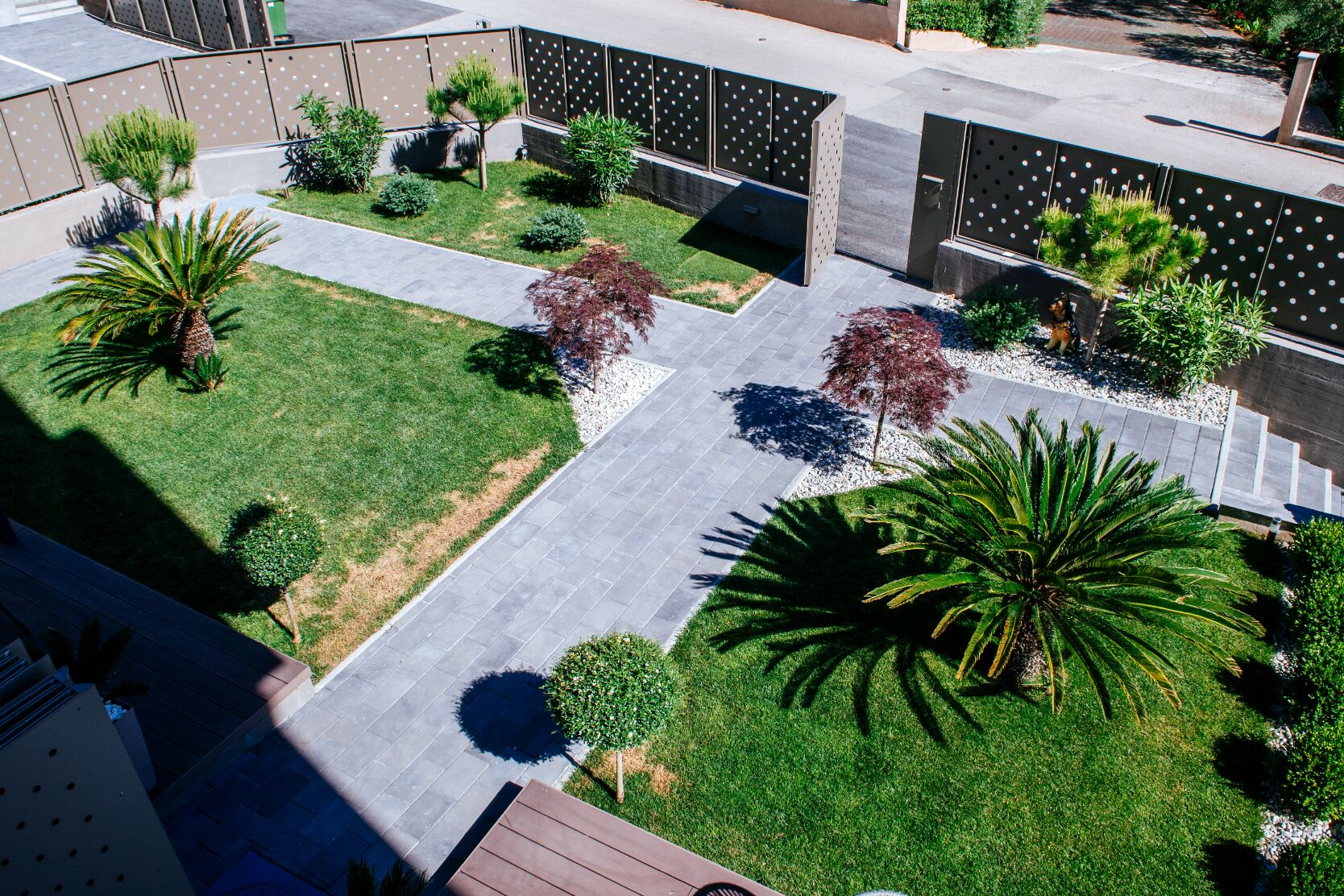A rooftop garden with various plants and a paved walkway.